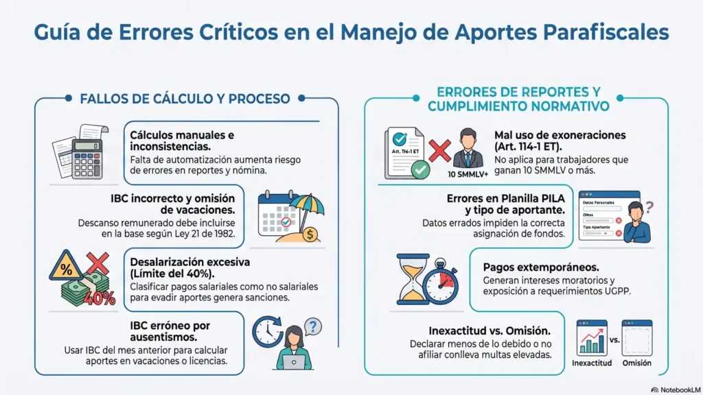 Parafiscales: 9 claves para gestionarlos en tu empresa. Infografía con errores críticos en aportes parafiscales Colombia como IBC incorrecto desvalorización excesiva mal uso de exoneraciones errores en pila y pagos extemporáneos