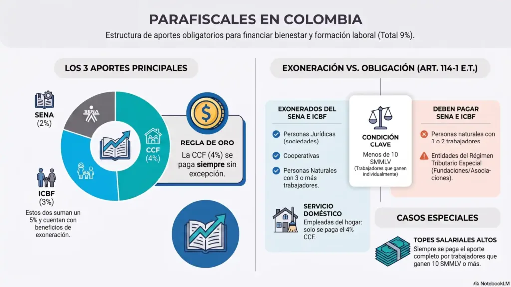 Parafiscales: 9 claves para gestionarlos en tu empresa. Infografía de parafiscales en Colombia con aportes SENA 2 ICBF 3 y CCF 4 por ciento mas reglas de exoneración y obligación según articulo 114-1 del Estatuto Tributario
