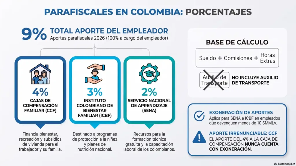 Parafiscales: 9 claves para gestionarlos en tu empresa. Infografía de porcentajes parafiscales en Colombia 2026 con CCF 4 ICBF 3 y SENA 2 sumando 9 por ciento total base de calculo sin auxilio de transporte y exoneración