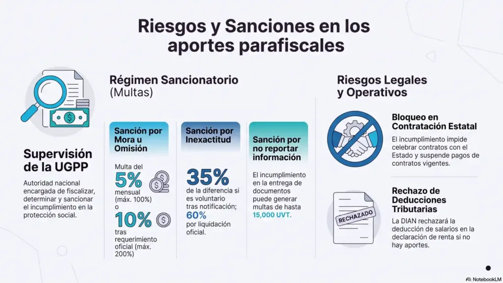 Parafiscales: 9 claves para gestionarlos en tu empresa. Guía de riesgos y sanciones parafiscales en Colombia con multas UGPP por mora inexactitud omisión bloqueo de contratación estatal y rechazo de deducciones tributarias DIAN