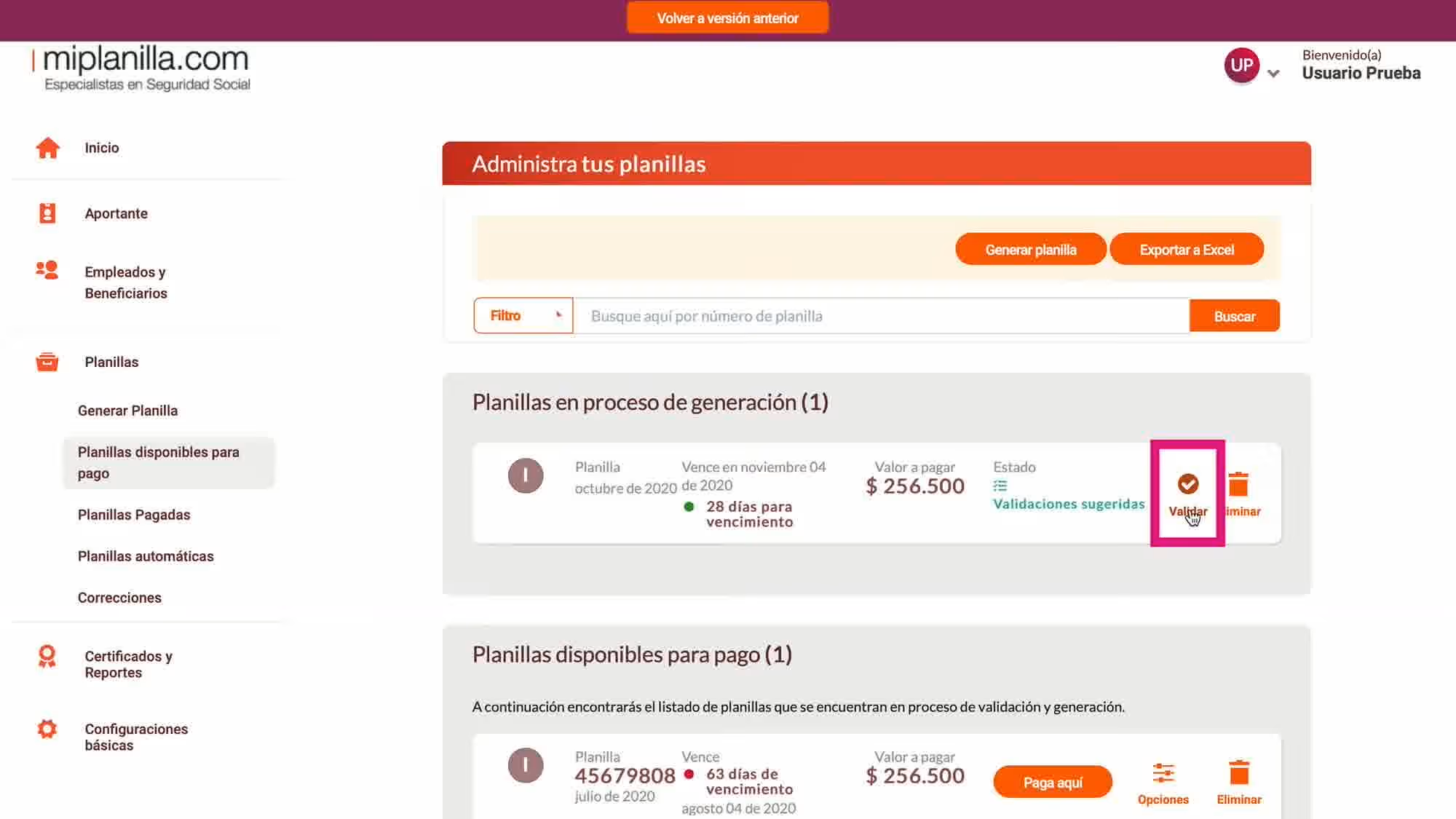 Planilla de Pago PILA: Guía Empresarial Completa Botón Validar resaltado para verificar errores en la Planilla de Pago PILA