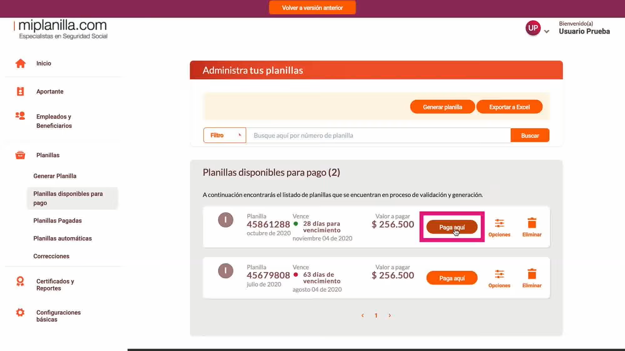 Planilla de Pago PILA: Guía Empresarial Completa Lista de planillas disponibles para pago con dos Planillas de Pago PILA generadas