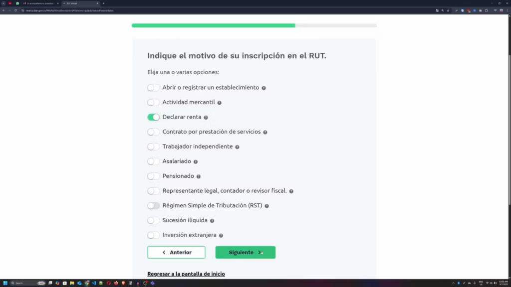 Rol Único Tributario: Guía Completa. Selección del motivo específico para obtener el Rol Único Tributario