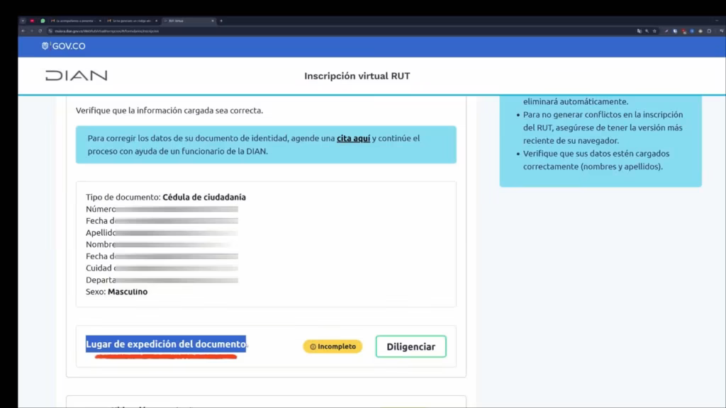 Rol Único Tributario: Guía Completa. Campo de lugar de expedición del documento en formulario Rol Único Tributario