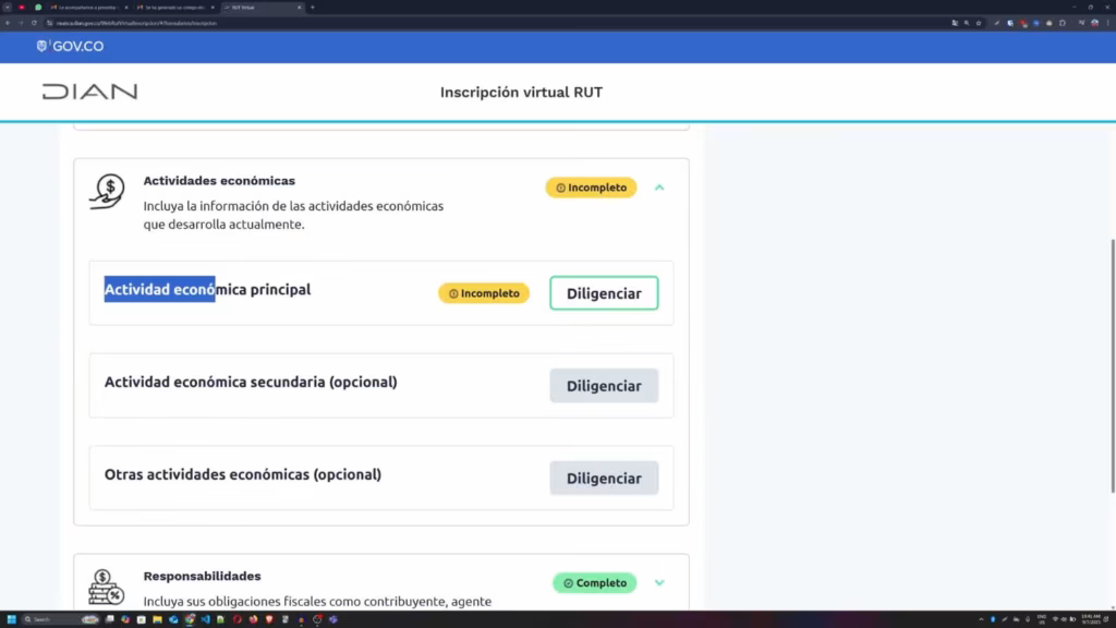 Rol Único Tributario: Guía Completa. Sección de Actividades Económicas en formulario de Rol Único Tributario