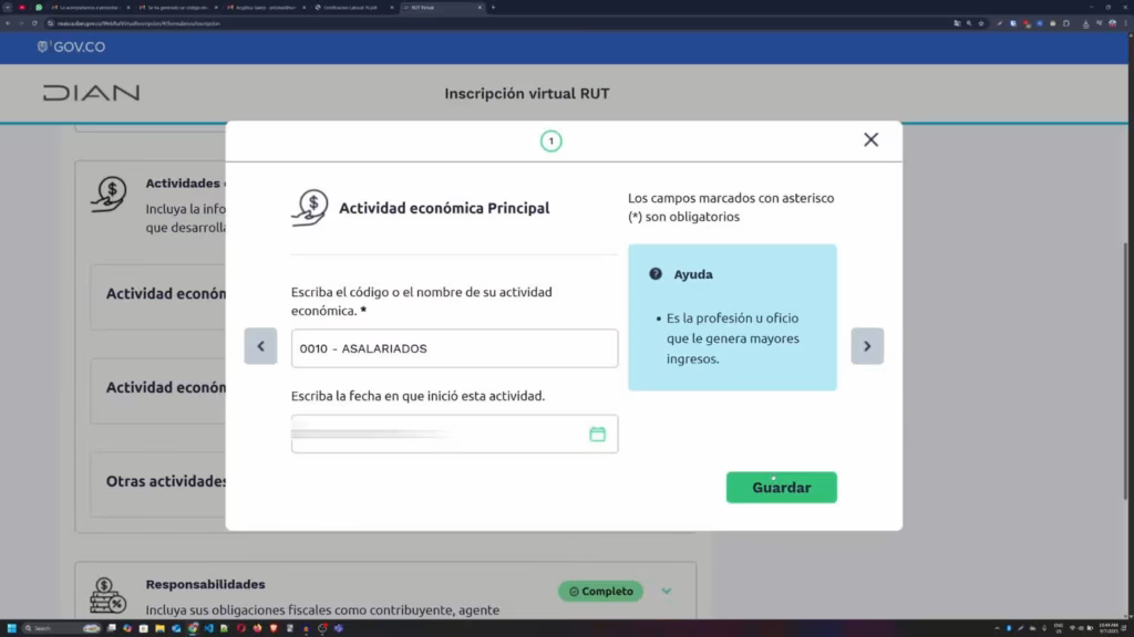 Rol Único Tributario: Guía Completa. Selección de actividad económica principal y fecha de inicio para Rol Único Tributario