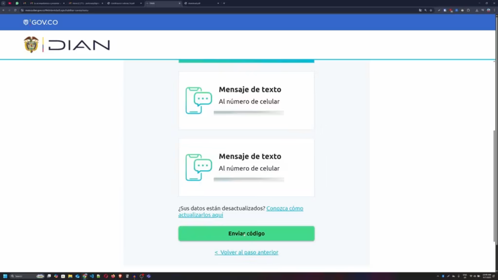 Rol Único Tributario: Guía Completa. Botón Enviar Código para validación de cuenta DIAN - Rol Único Tributario