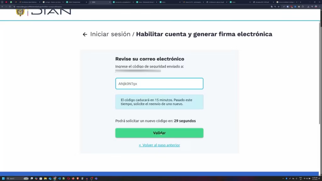 Rol Único Tributario: Guía Completa. Campo para ingresar código de seguridad en habilitación de cuenta Rol Único Tributario