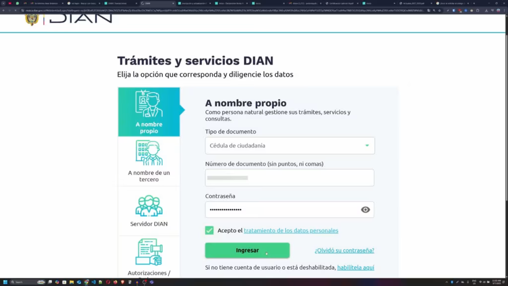 Rol Único Tributario: Guía Completa. Pantalla de inicio de sesión DIAN para Persona Natural con Rol Único Tributario