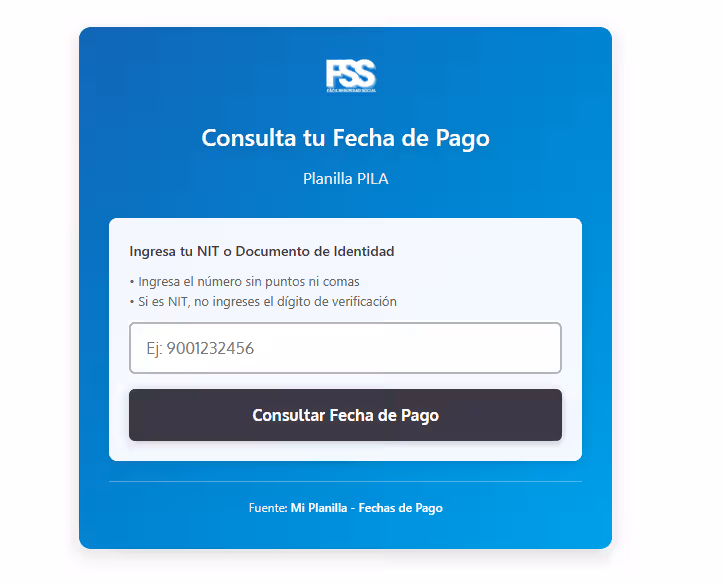 Planilla pila: Consulta tu fecha de pago Planilla PILA e Interfaz de la herramienta para consultar la fecha de pago.