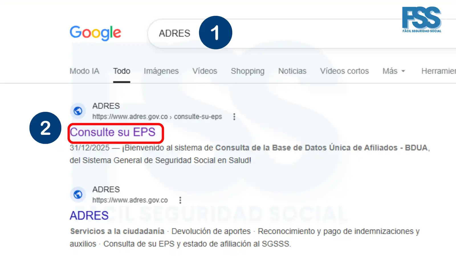 ADRES Consulta EPS: ¡Consulta tu afiliación en segundos! Captura de pantalla donde se muestra una búsqueda en Google de ADRES Consulta EPS resaltando el resultado oficial Consulte su EPS para consultar la afiliación al sistema de salud en Colombia.