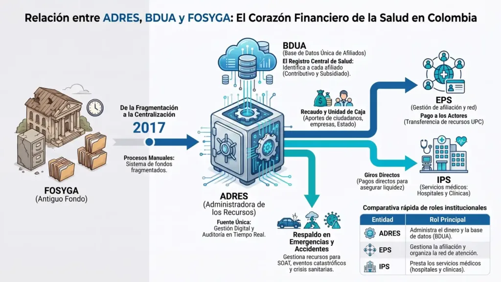ADRES Consulta EPS: ¡Consulta tu afiliación en segundos! Diagrama adres fosyga bdua mostrando el flujo de recursos entre eps e ips en el sistema de salud