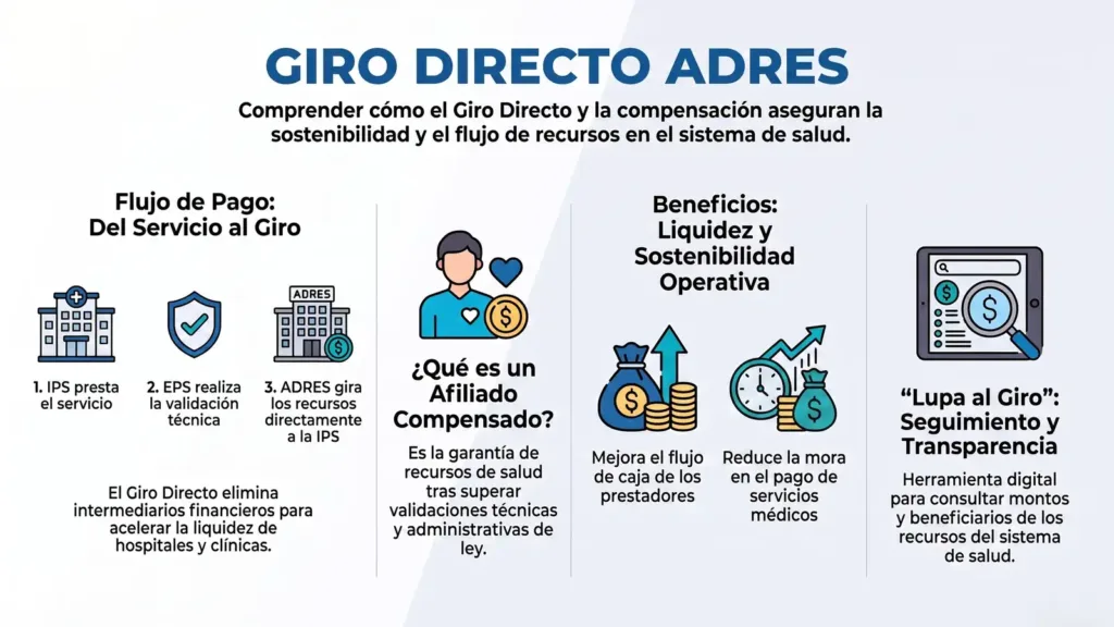 ADRES Consulta EPS: ¡Consulta tu afiliación en segundos! Diagrama adres giro directo mostrando el flujo de pago del servicio al giro y beneficios de liquidez