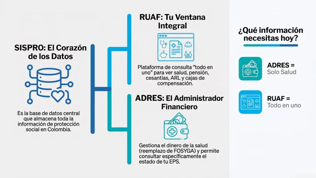 ADRES Consulta EPS: ¡Consulta tu afiliación en segundos! Comparación adres ruaf y sispro mostrando plataformas de consulta de salud y protección social en Colombia