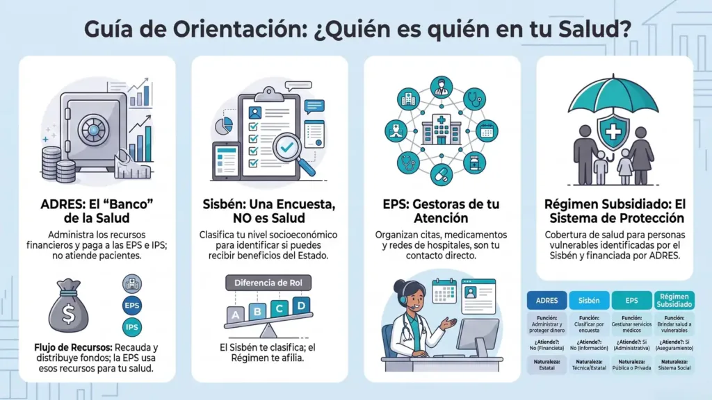 ADRES Consulta EPS: ¡Consulta tu afiliación en segundos! Infografía adres Sisbén explicando el rol de adres Sisbén EPS y régimen subsidiado en salud