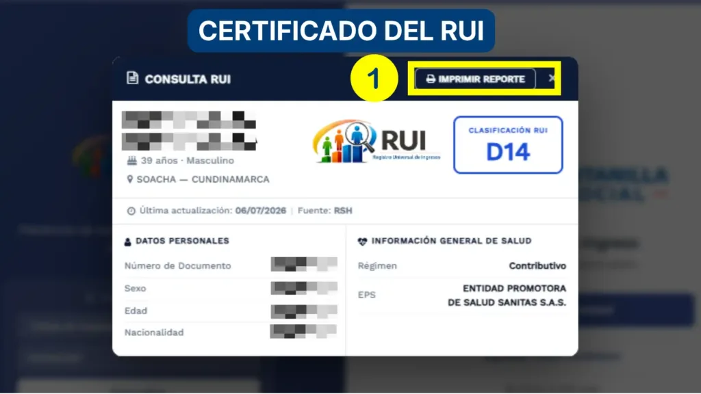 Panel de resultados del RUI con el botón Imprimir reporte resaltado para generar el certificado
