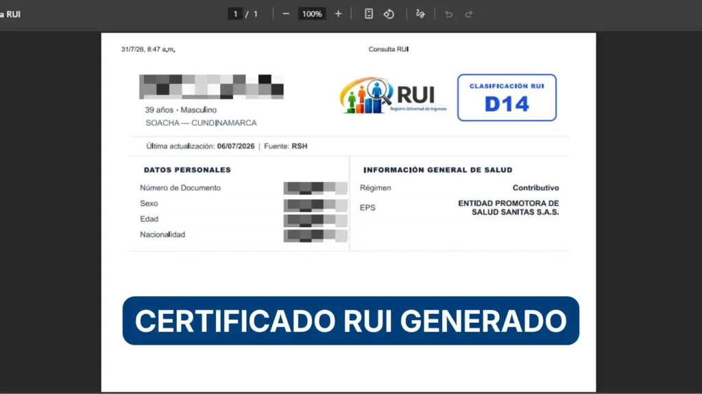 Certificado del RUI generado en formato PDF con la clasificación y los datos personales del ciudadano