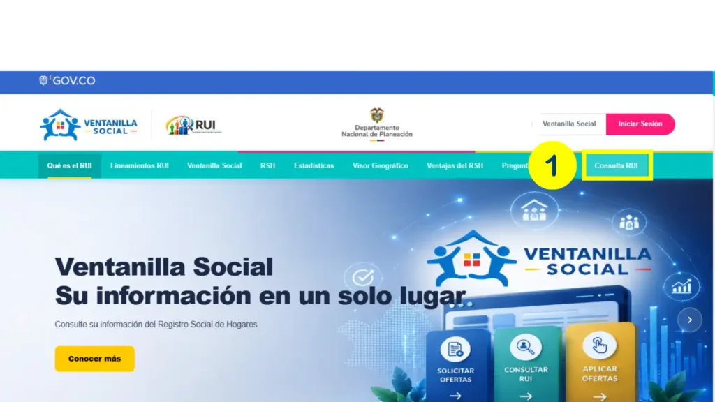 Portal de Ventanilla Social del DNP con el botón Consulta RUI resaltado en el menú superior