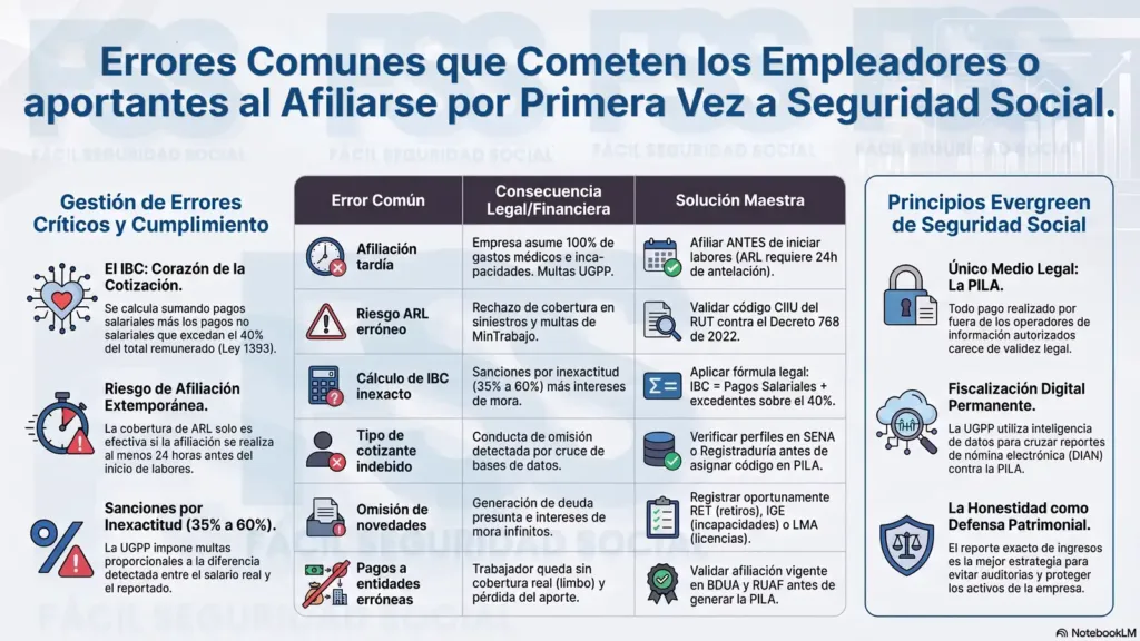 Cómo Afiliarse a la Seguridad Social como Empresa: Guía para principiantes. Infografía titulada errores comunes que cometen los empleadores o aportantes al afiliarse por primera vez a seguridad social, con una tabla central que lista afiliación tardía, riesgo ARL erróneo, calculo de IBC inexacto, tipo de cotizante indebido, omisión de novedades y pagos a entidades erróneas, cada uno con su consecuencia legal o financiera y su solución maestra, acompañada de columnas laterales sobre gestión de errores críticos el IBC y afiliación extemporánea, y principios como la planilla PILA como único medio legal de pago y la fiscalización digital permanente de la UGPP.