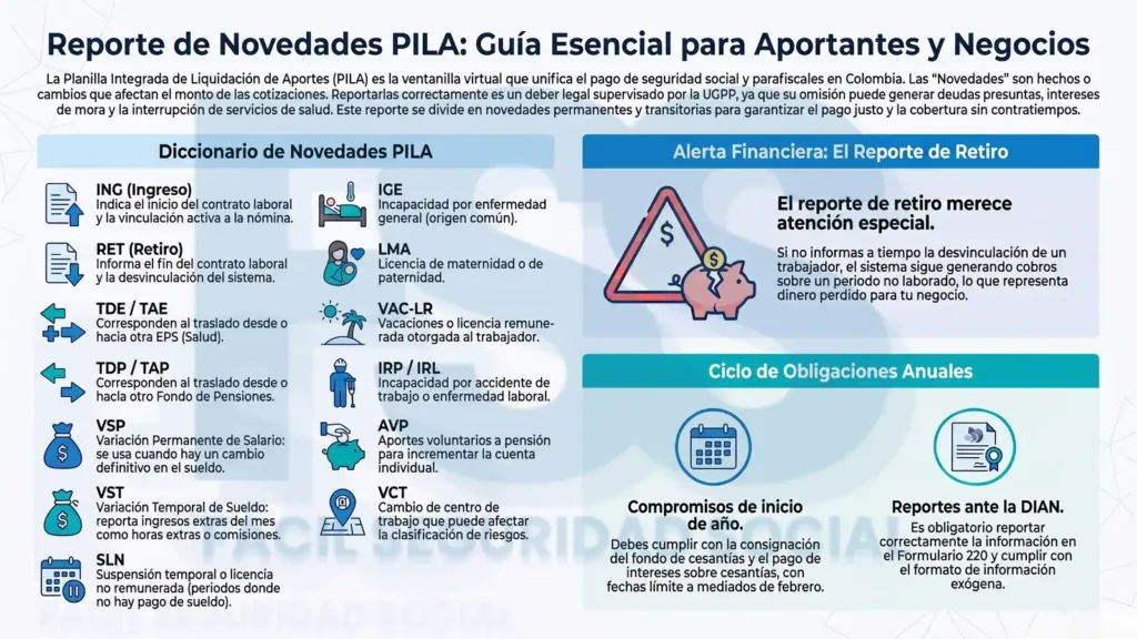 Cómo Afiliarse a la Seguridad Social como Empresa: Guía para principiantes. Infografía titulada reporte de novedades PILA guía esencial para aportantes y negocios, con un diccionario de novedades que incluye ING ingreso, RET retiro, TDE TAE traslado de EPS, TDP TAP traslado de fondo de pensiones, VSP variación permanente de salario, VST variación temporal de sueldo, SLN suspensión o licencia no remunerada, IGE incapacidad por enfermedad general, LMA licencia de maternidad o paternidad, VAC-LR vacaciones o licencia remunerada, IRP IRL incapacidad por accidente o enfermedad laboral, AVP aportes voluntarios a pensión y VCT cambio de centro de trabajo, junto a una alerta financiera sobre el reporte de retiro y un ciclo de obligaciones anuales de cesantías, intereses y reportes ante la DIAN.