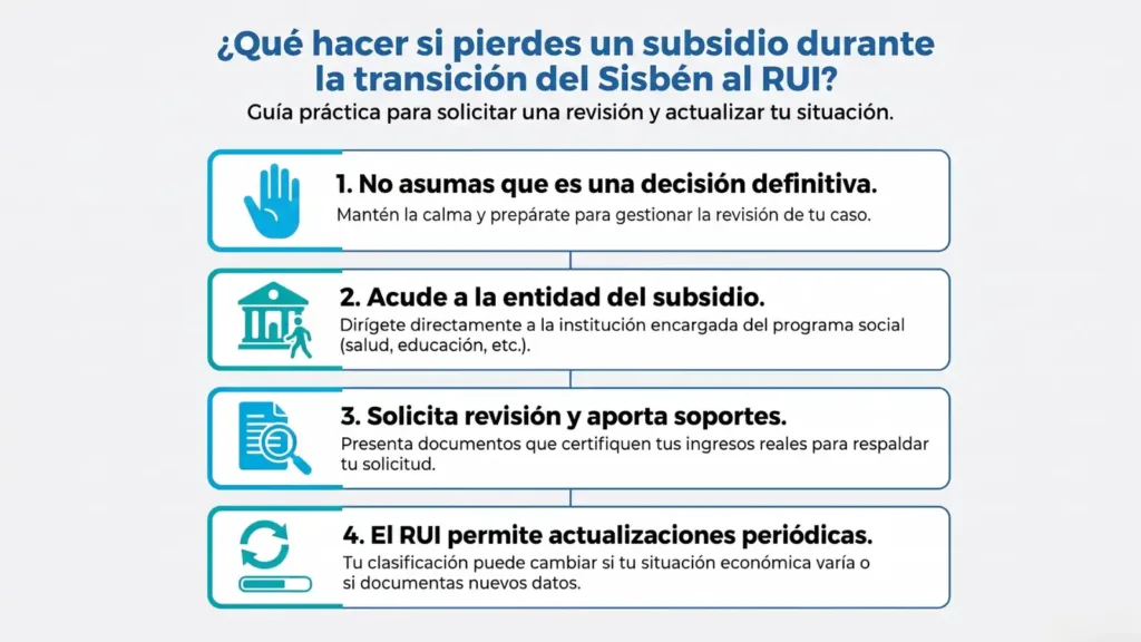 Infografía con cuatro pasos prácticos a seguir en caso de perder un subsidio durante la transición del Sisbén al RUI.