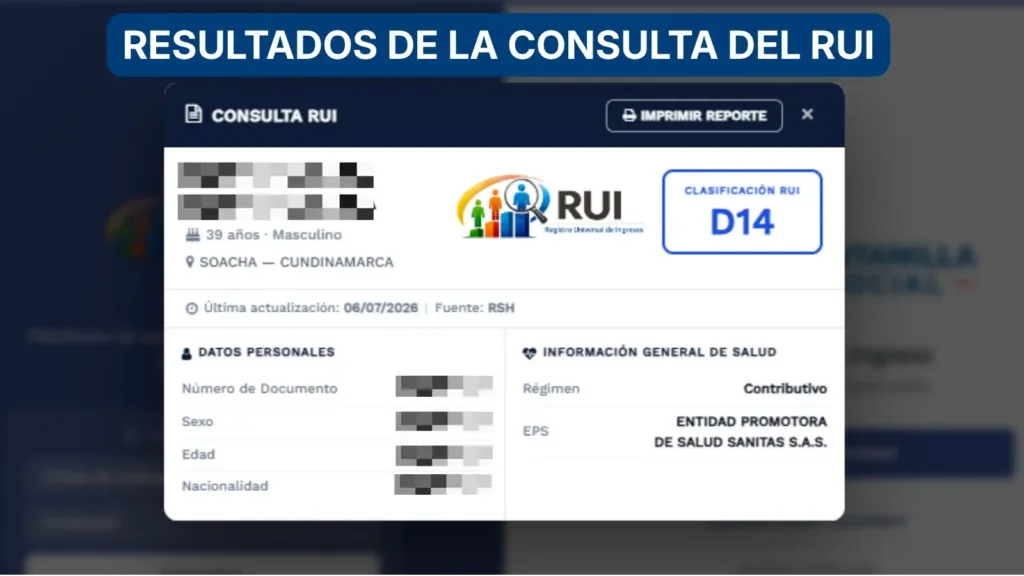 Resultado de la consulta del RUI mostrando la clasificación, los datos personales y la información de salud