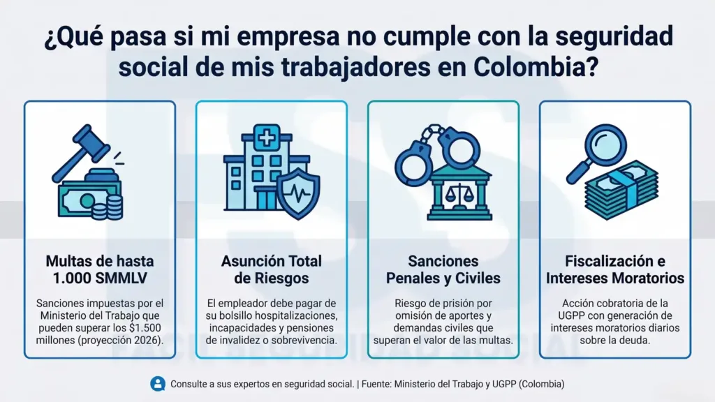 Seguridad social para empleadores: ¡Cumple a tiempo y sin fallos! Infografía: ¿Qué pasa si mi empresa no cumple con la seguridad social de mis trabajadores en Colombia? Consecuencias: multas en SMMLV, sanciones penales y civiles, intereses moratorios y acciones de la UGPP.