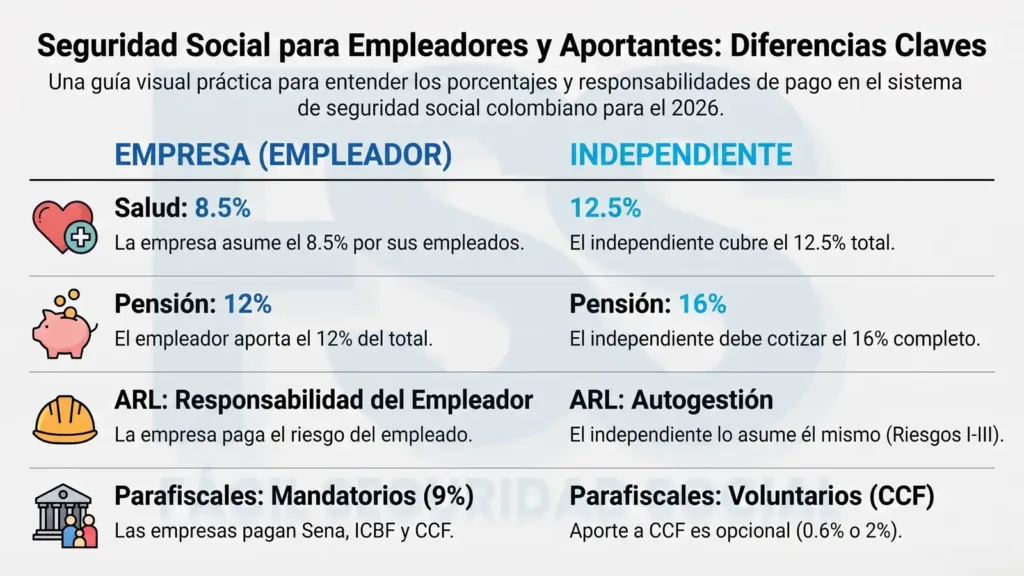 Seguridad social para empleadores: ¡Cumple a tiempo y sin fallos! Tabla comparativa: Seguridad social para empleadores y aportantes independientes en Colombia, con porcentajes de salud, pensión, ARL y parafiscales.