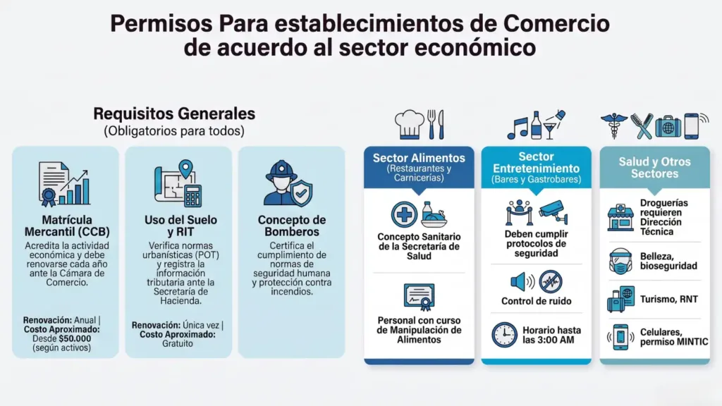 Trámites para establecimientos de comercio en Bogotá Permisos según el sector del negocio: concepto de bomberos, concepto sanitario y derechos de autor SAYCO y ACINPRO para establecimientos en Bogotá.