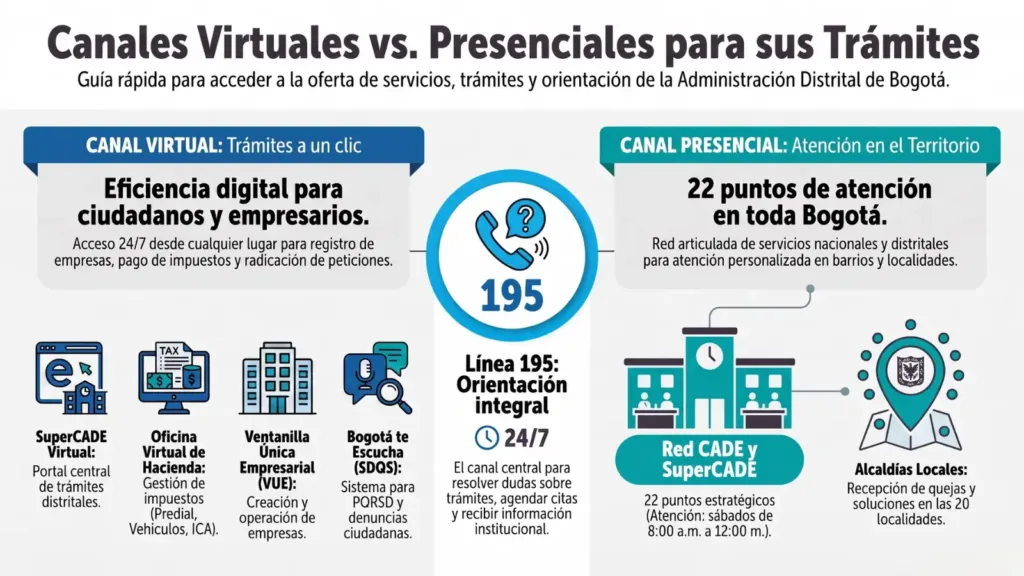 Trámites para establecimientos de comercio en Bogotá Canales virtuales y presenciales disponibles en Bogotá para realizar los trámites de un establecimiento comercial, incluyendo la Ventanilla Única Empresarial y los SuperCADE.