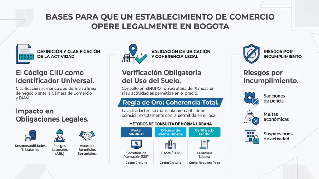 Trámites para establecimientos de comercio en Bogotá Persona consultando el código CIIU de su actividad económica y el uso de suelo permitido antes de iniciar los trámites para abrir un negocio en Bogotá.