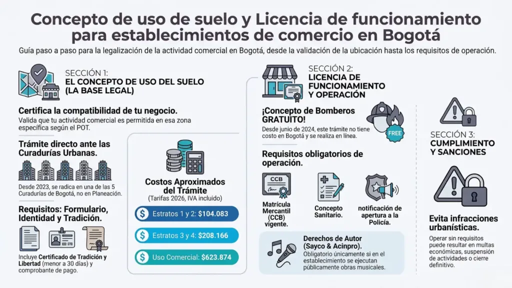 Trámites para establecimientos de comercio en Bogotá Trámites de permiso de uso de suelo y licencia de funcionamiento, requisitos indispensables para operar legalmente un establecimiento comercial en Bogotá.