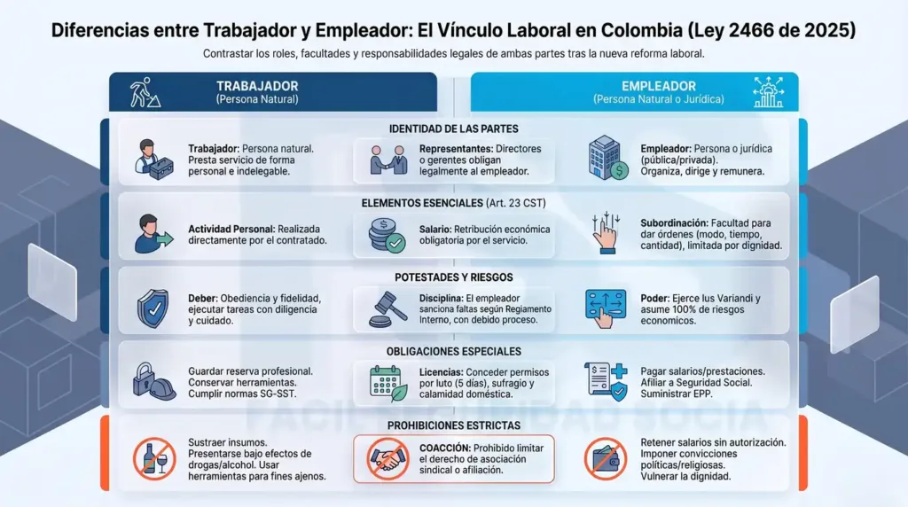 Empleador en Colombia: derechos, deberes y obligaciones Infografía comparativa entre las obligaciones del trabajador y del empleador en Colombia conforme a la Ley 2466 de 2025.