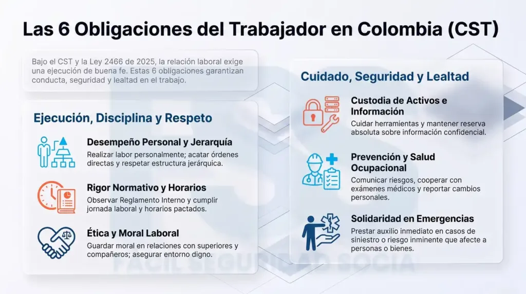 Empleador en Colombia: derechos, deberes y obligaciones Infografía con las 6 obligaciones del trabajador frente al empleador en Colombia según el Código Sustantivo del Trabajo.